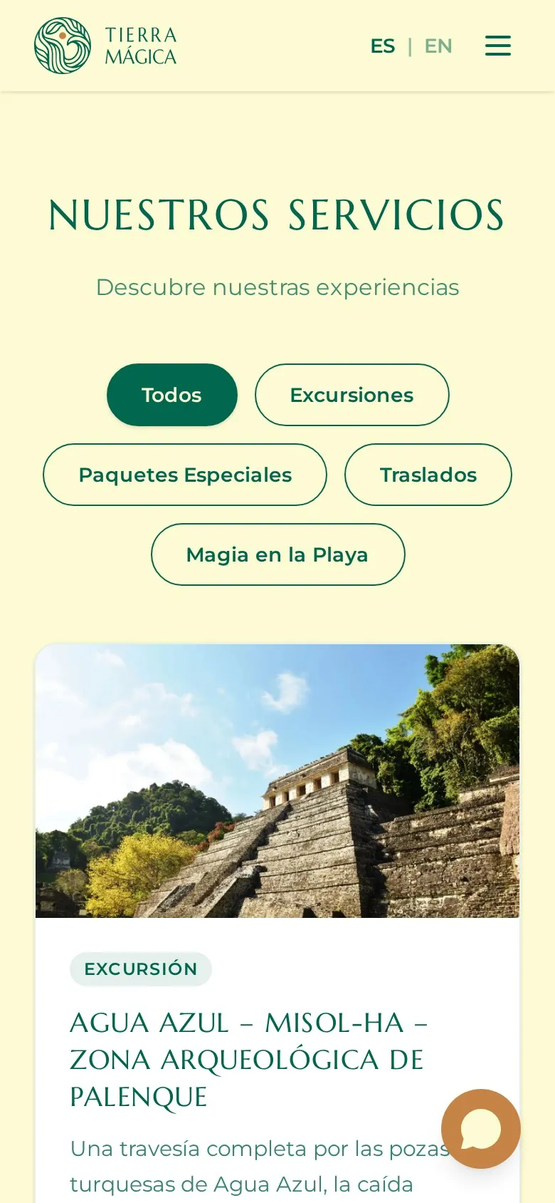 Página de servicios de tierramagica.mx en un teléfono: el título “Nuestros servicios”, los filtros Todos, Excursiones, Paquetes Especiales, Traslados y Magia en la Playa, y una tarjeta con la foto de una pirámide maya entre la selva.
